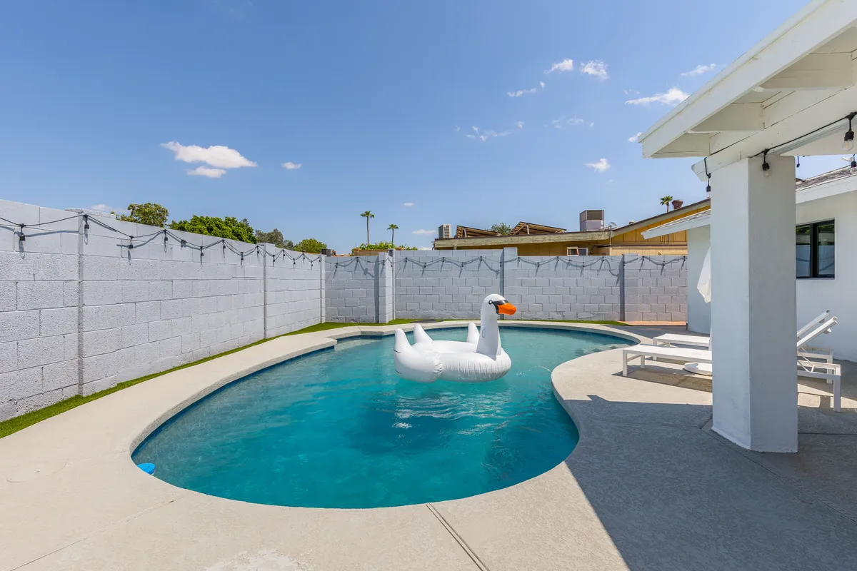 A playful backyard scene featuring a swimming pool with an inflatable swan, surrounded by lounge chairs. The inviting space suggests sunny afternoons spent socializing and cooling off with friends after a day of exploring.